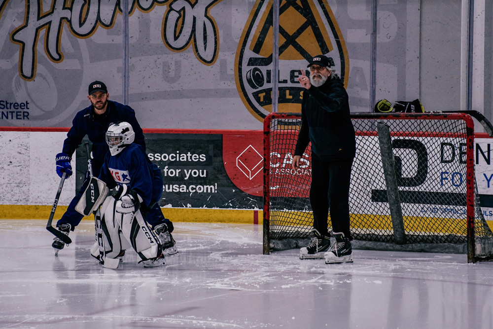 Goaltenders practicing movement during camp