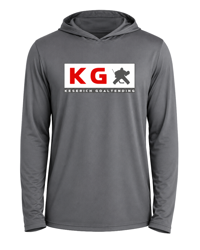 Keserich Goaltending grey hooded long sleeve shirt with the KG logo on the chest